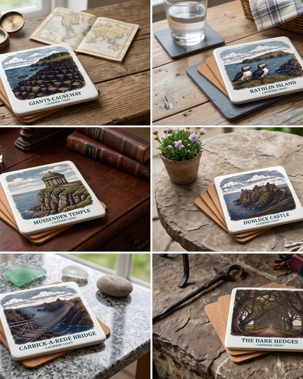 Landmark coasters on a wooden table