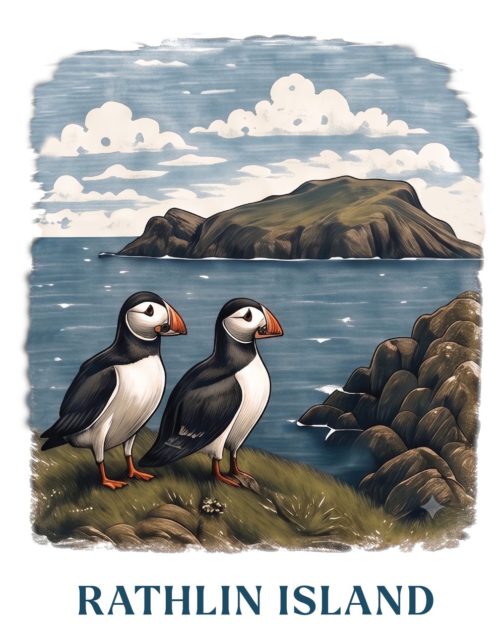 Original illustration of puffins on Rathlin Island