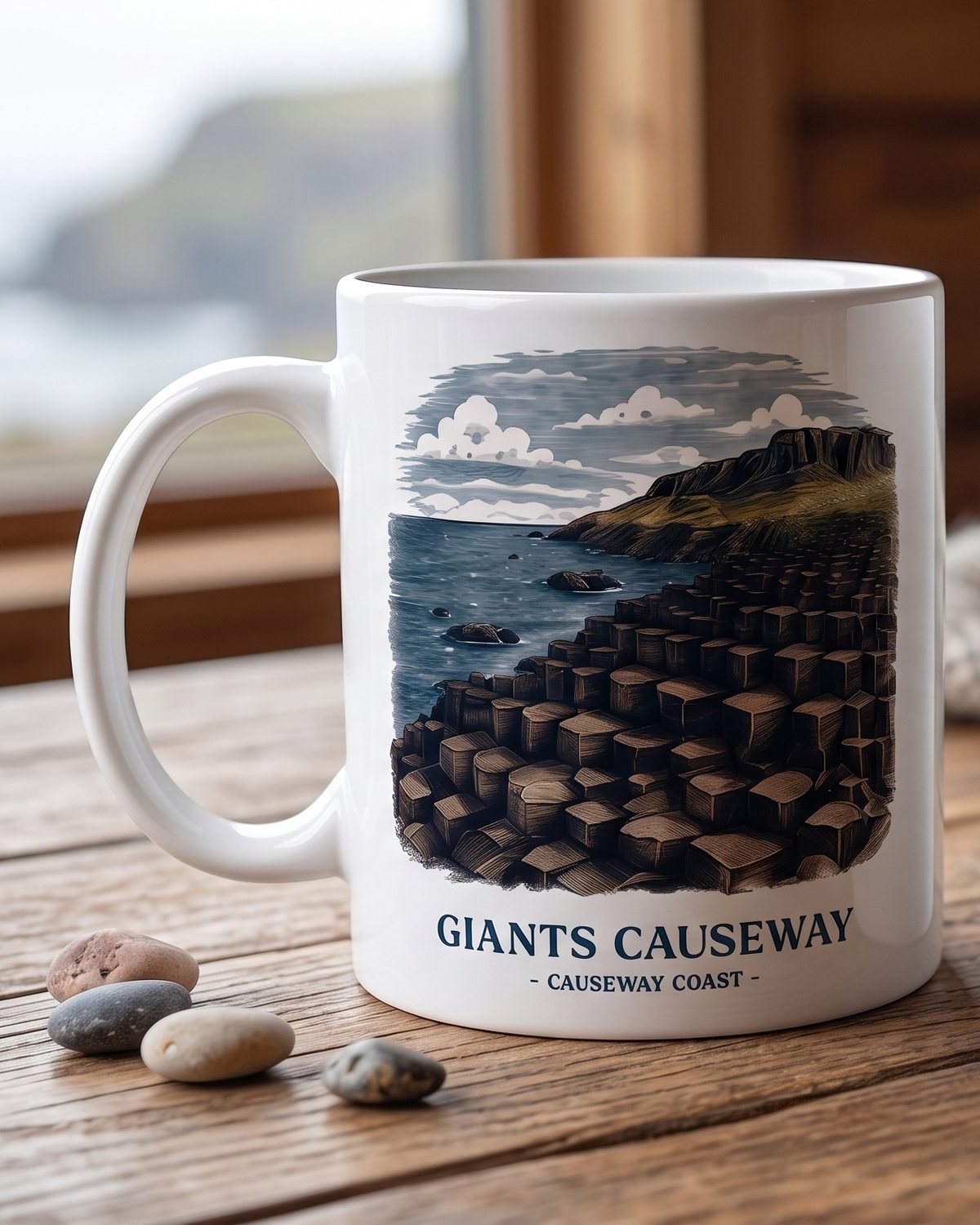 Giant's Causeway mug beside an Up North Gift Co mug on a wooden table